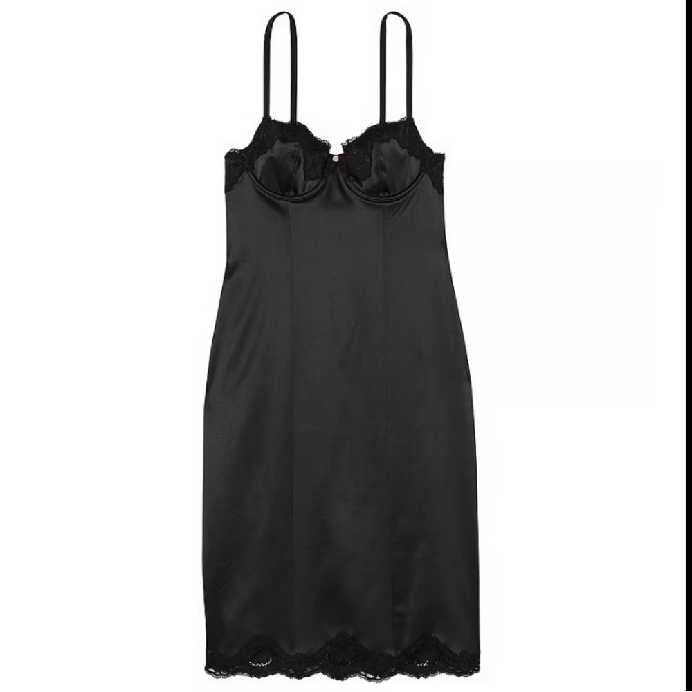 New! Victoria’s Secret wicked satin lace trim midi dress black  47420
